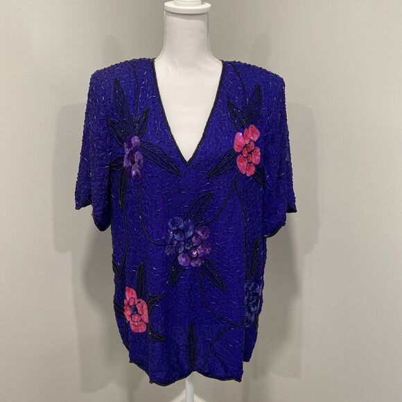 Vtg Silk Stenay Women Plus Sz 2X Evening Cocktail Blue Sequins Beads Top Blouse - Picture 1 of 10